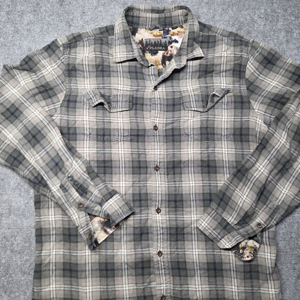 Pladra Mens XL Tall Green Tan Windowpane Flannel Shirt Pockets Bear Cuffs